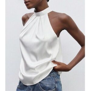 White Satin Halter Blouse Top
